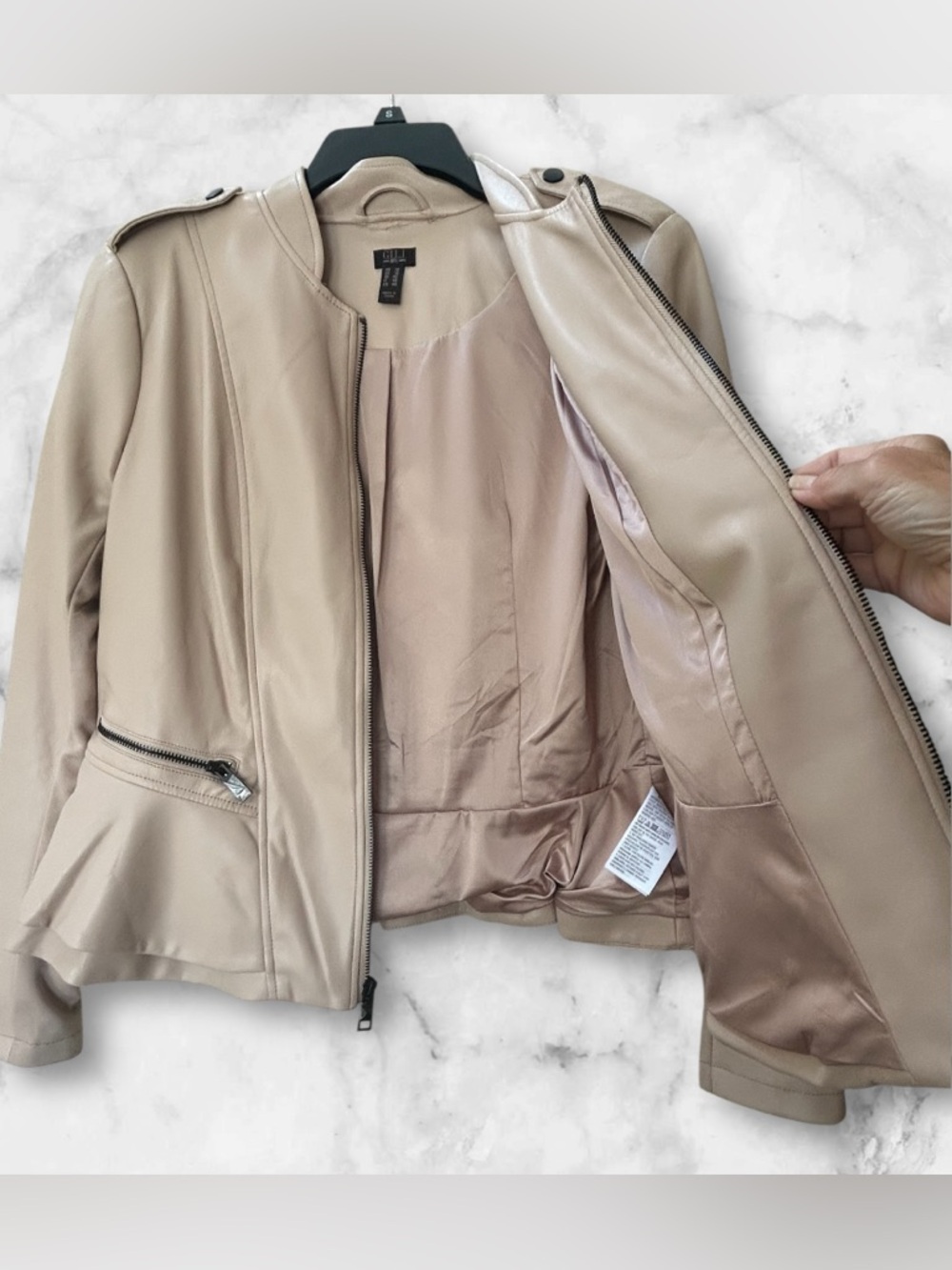 NWOT G.I.L.I. Got It Love It Faux Leather Double Peplum Jacket Blush Beige Sz 12 - Picture 7 of 15